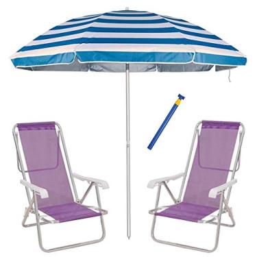 Imagem de Kit Praia 2 Cadeira Reclinável 8 Pos Sannet Alum + Guarda Sol 2,6m + Saca Areia - Mor - Lilás
