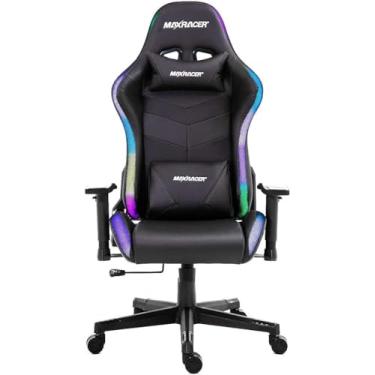 Imagem de MAX RACER Cadeira Gamer Khroma - Poltronas Gamer de Aço, Cadeira Ergonômica - Assento Luz LED, Braço 2D, Inclinação 135°, Suporta 150kg, Tecido Sintético PVC, Almofada Cervical e Lombar - RGB - Preta