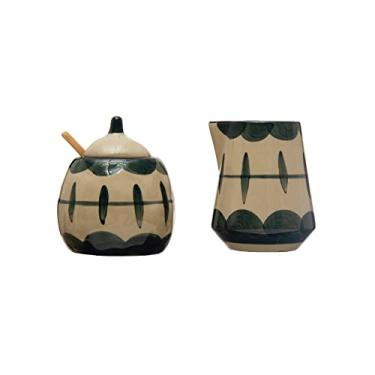 Imagem de Creative Co-Op Panela de grés com desenhos pintados e colher de bambu, azul meia-noite e creme, conjunto de 3 peças de açúcar e creme