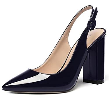 Imagem de WAYDERNS Sapatos femininos de couro envernizado bico fino tira no tornozelo salto alto bloco sapatos sexy vestido de casamento 4 polegadas, Azul marinho, 5.5