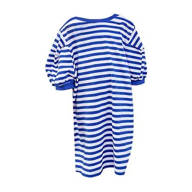 Imagem de Mercatoo Camiseta infantil listrada manga média suéter vestido para meninas de 3 a 8 anos saia infantil, Azul, 3-4 Anos