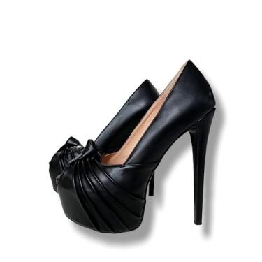 Imagem de Frankie Hsu Sapatos femininos sexy plataforma stiletto salto alto, lindo laço preto nó peep toe estilo, tamanho grande 38-50 sapatos elegantes para mulheres e homens, Preto, 10