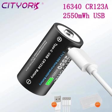 Imagem de bateria cr123a Cityork cr123a bateria recarregável 3.7v 2250mwh 16340 bateria de lítio para lanterna