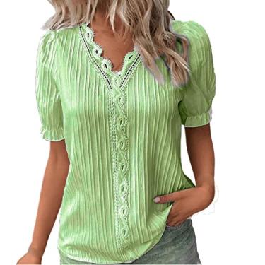 Imagem de Blusas femininas de malha de renda para malhar, de manga curta, sexy, verão, algodão, floral, túnica formal, Verde, G
