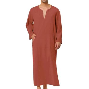 Imagem de MANYUBEI Roupão muçulmano masculino, roupas étnicas do Oriente Médio, gola V, manga comprida, camisa estilo longa, Vermelho, Small