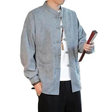 Imagem de Camiseta masculina tradicional chinesa de veludo cotelê de manga comprida Kung Fu Tai Chi uniforme primavera e outono retrô, Cinza escuro 1, GG