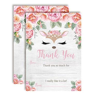 Imagem de Oh Deer Face Woodland & Watercolor Floral Thank You Notes, Ten 10.2 cm x 14.0 cm Fill In The Blank Cards with 10 White Envelopes by AmandaCreation