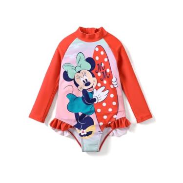 Imagem de Disney Maiô Princess Frozen Elsa Minnie Stitch maiô rashguard FPS 50 + roupa de banho infantil de manga comprida para meninas, Minnie Mouse vermelho, 3 Anos