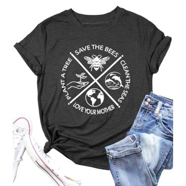Imagem de PECHAR Camisetas femininas do Dia da Terra: Proteja o meio ambiente Camisetas de manga curta com estampa de abelhas, Cinza, GG