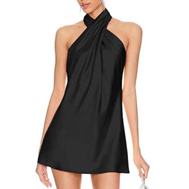 Imagem de BELONGSCI Vestido feminino de cetim de verão 2024 cruzado sem mangas frente única decote coquetel vestido mini, L3: Preto, GG