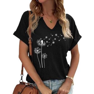 Imagem de Dandelion Shirts Camiseta feminina com gola V e girassol flores silvestres estampa casual, Preto - 15, GG