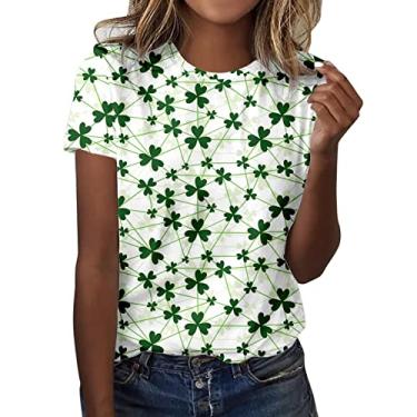 Imagem de Camiseta feminina St Pattys Day Lucky Shamrock verde túnica manga curta verão, Bege, GG