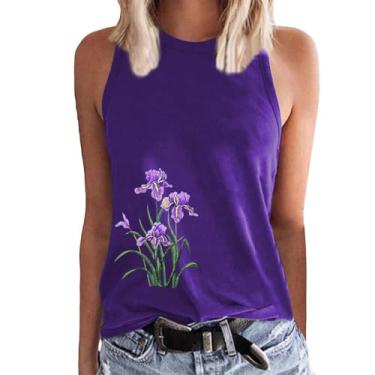 Imagem de PKDong Camiseta feminina de conscientização de Alzheimer, sem mangas, gola redonda, estampa de flores roxas, camiseta regata de conscientização de Alzheimer, Roxa, GG