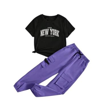 Imagem de SOLY HUX Conjunto de 2 peças de camiseta de manga curta e calça cargo para meninas, Preto e roxo violeta, 9 Anos