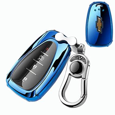 Imagem de K LAKEY Capa de chaveiro, compatível com estojo de chaveiro Malibu Camaro Cruze Spark Volt Sonic Trax Equinox, chave de carro inteligente Soft TPU Case Shell Protector Key Fob com chaveiro de liga azul