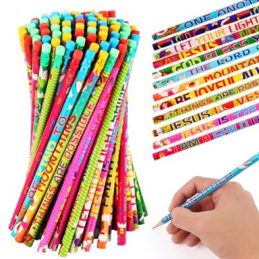 Imagem de Kolewo4ever 100 lápis de versículos da Bíblia, lápis religiosos, lápis cristãos com escrituras inspiradoras para estudantes, professores, sala de aula, material escolar religioso, 20 estilos (100)