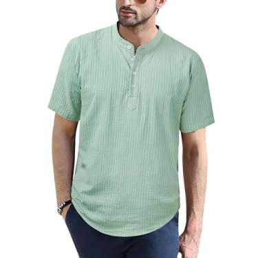 Imagem de Wancafoke Camiseta masculina de algodão e linho Henley manga curta hippie casual verão praia, Verde, M