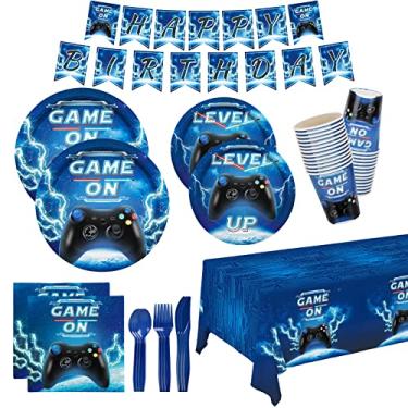 Imagem de Kit de suprimentos de festa de videogame serve 25, inclui pratos de jantar, pratos de sobremesa, guardanapos, copos, talheres, toalha de mesa, banner para decoração de festa de aniversário de jogadores para meninos e adultos.