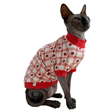 Imagem de Sphynx Camiseta de algodão de verão fofo gato sem pelos roupas para animais de estimação, camisas de gatinho de gola redonda vestuário para gatos (morango xadrez, médio (pacote com 1))