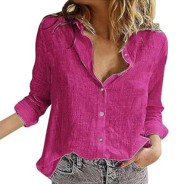 Imagem de Camiseta feminina de linho, cor sólida, gola V, botões, manga comprida, caimento solto, túnica camisa de verão, Rosa choque, G