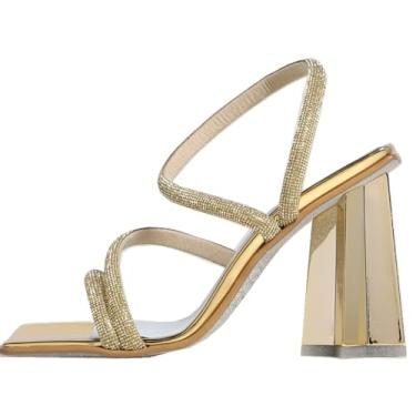 Imagem de LingxiaUne Sandálias douradas/prateadas com bico aberto sexy salto agulha quadrado sandálias elegantes sapatos de verão, Dourado, 36
