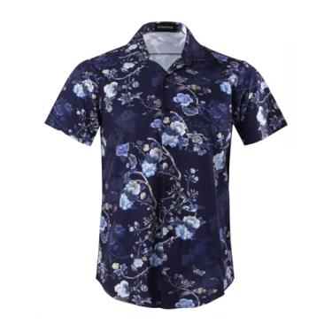 Imagem de Camisa masculina havaiana manga curta 4 vias stretch casual botão para baixo tropical floral verão praia camisa estampada, Azul marino, 4G