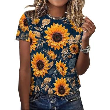 Imagem de Camiseta feminina floral com estampa de flores silvestres para amantes de plantas, manga curta, casual, básica, Azul escuro, M