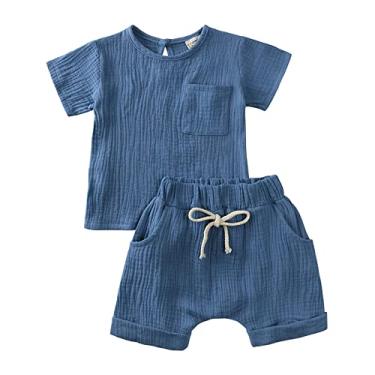 Imagem de Conjunto de calça para bebês, meninos, meninas, cor lisa, de algodão, manga curta, camiseta com gola redonda e shorts, Azul, 12-24 Months