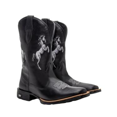 Imagem de Bota Texana Masculina Couro Country Bico Quadrado Preta Horse Tamanho:41;Cor:Preto;Gênero:Masculino
