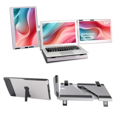 Imagem de Alecewey Extensor de tela para laptop F2, monitor portátil triplo de 35,5 cm para laptop, ângulo total, com suporte ajustável, extensor Plug and Play tipo C/HDMI para Windows, Mac