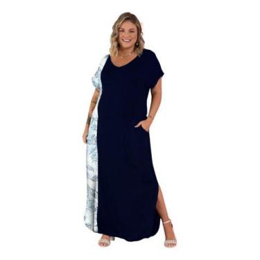 Imagem de Vestido Longo Com Recorte Vertical Azul E Floral. - beezo, XXG, Preto