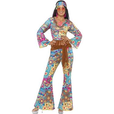 Imagem de Smiffy's Fantasia feminina hippie de flor Power com parte de cima de calças, faixa de cabeça e cinto, Multicolorido., S - US Size 6-8