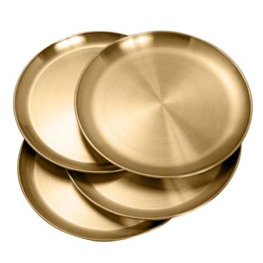 Imagem de CAMBUY Pratos de aço inoxidável 304 pratos de jantar de metal dourado inquebráveis conjunto de pratos para churrasco, cozinha, casa, acampamento, festa ao ar livre (25,4 cm, 4 peças)