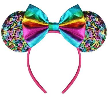 Imagem de FANYITY Orelhas de Natal Minnie, orelhas de lantejoulas Mickey para meninos, meninas, mulheres, dia das bruxas e viagem da Disney (orelha arco-íris)