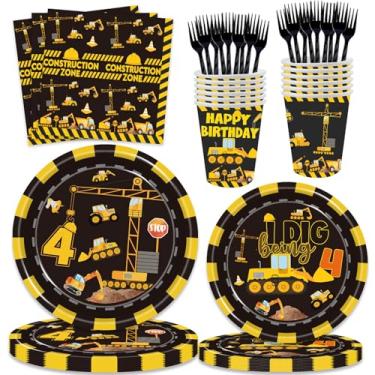 Imagem de 100 Pcs Construction 4th Birthday Party Supplies Dump Truck Theme Four Decorations Tableware Includes Plates, Cups, Napkins for Boys Construction Four Years Old Birthday Party Decorations Favors