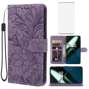 Imagem de Gufuwo Capa para OnePlus 11, One Plus 11 5G PHB110 capa carteira com protetor de tela de vidro temperado, flor de renda couro PU flip porta-cartão de crédito capa de telefone para OnePlus 11 5G roxo