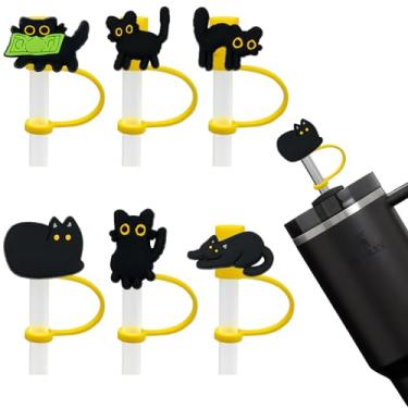 Imagem de Amreich Tampa de palha de gato para copo Stanley de Halloween - 6 peças de topo de palha de gato preto fofo para 30 copos de 1,134 g com alça de pontas de palha de silicone acessórios para canudos de