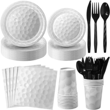 Imagem de Domensi 280 peças de pratos e guardanapos de papel para festas esportivas, copos de papel, facas de plástico, garfos, colheres, utensílios de mesa descartáveis, suprimentos completos para chá de bebê,