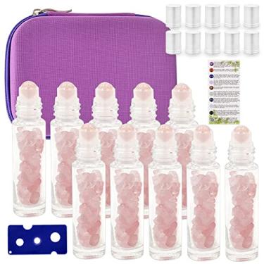Imagem de Frasco de óleo essencial de 10 ml com estojo de viagem de EVA (garrafa de vidro transparente com tampa prateada, pacote com 10, bolas de rolo de pedras preciosas, lascas de cristal de cura dentro,
