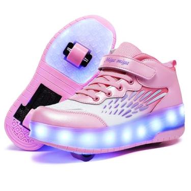 Imagem de GIMKOUNN Tênis de patins para meninas, recarregável, USB, 2 rodas, patins para iniciantes com 16 modos, luz LED, piscando, unissex, infantil, skate, meninos, estilosos, presentes, 02 rosa, 17