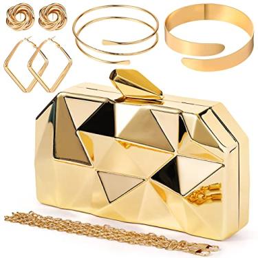 Imagem de Bolsa clutch feminina com 5 peças, bolsa de formatura metálica para banquete de casamento, conjunto de joias retrô, Dourado, One Size (7 x 4 x 2 inches/ 18 x 10 x 5 cm)