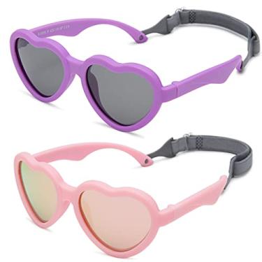 Imagem de Hycredi Óculos de sol em forma de coração para bebês – com alça ajustável, lentes polarizadas para recém-nascidos de 0 a 24 meses, A3 - (Rosa/Rosa Espelhado + Roxo/Cinza) - Pacote com 2