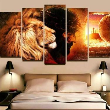 Imagem de Quadro Mosaico 5 Pecas Grande Leão Da Fé Com Jesus Cristo - HKACESSORI