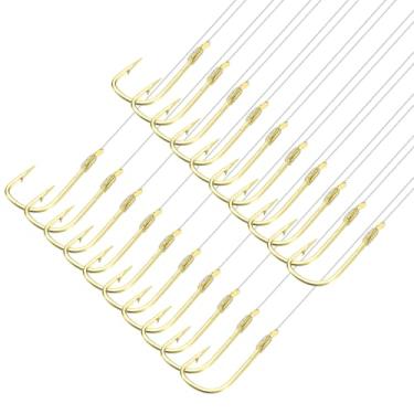 Imagem de PATIKIL 5# Ganchos de pesca pequenos com linha de 36 cm, 20 peças de anzol duplo de 0,4 x 0,2 polegadas com farpas anzol de pesca em linha de nylon para água doce, tom dourado