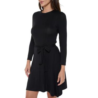 Imagem de Vestido feminino midi de manga comprida, gola redonda, sexy, formal, convidada de casamento, festa, Preto, P