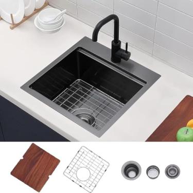 Imagem de VAPSINT Pia de barra preta de 53 x 50,8 cm, pia de cozinha para estação de trabalho preta, 53 cm, de aço inoxidável, calibre 16, lavatório pequeno para trailer, com tábua de corte e acessórios