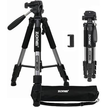 Imagem de BONFOTO Q111 55 polegadas profissional compacto tripé de câmera de alumínio com placa de cabeça panorâmica e suporte de telefone para DSLR Canon, Nikon, Sony, DV, vídeo e smartphones (cinza prata)