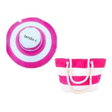 Imagem de Kit De Praia Palha Moda Listrado Chapéu Floppy Com Bolsa - oem, Vermel