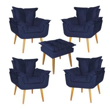 Imagem de Kit 04 Poltrona e Puff Opala Para Quarto Sala Recepção Suede Azul Mari