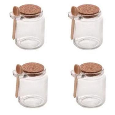 Imagem de Kit 4 Potes de Vidro com Colher de Bambu e Tampa de Rolha 250ml Saleir